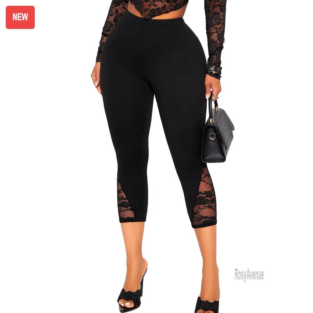Lace Mesh Capri Leggings, Knee Length, Stretchy High-Rise, Dressy Going Out